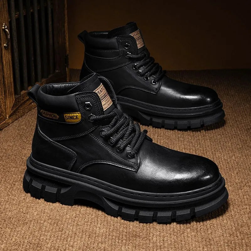 Men's brown mid-calf Martin boots with front laces and round toe on a rubber sole.