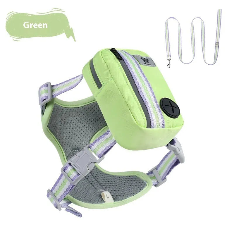 Explosion-proof anti-strangulation dog harness and leash in Oxford cloth, shown in assorted colours.