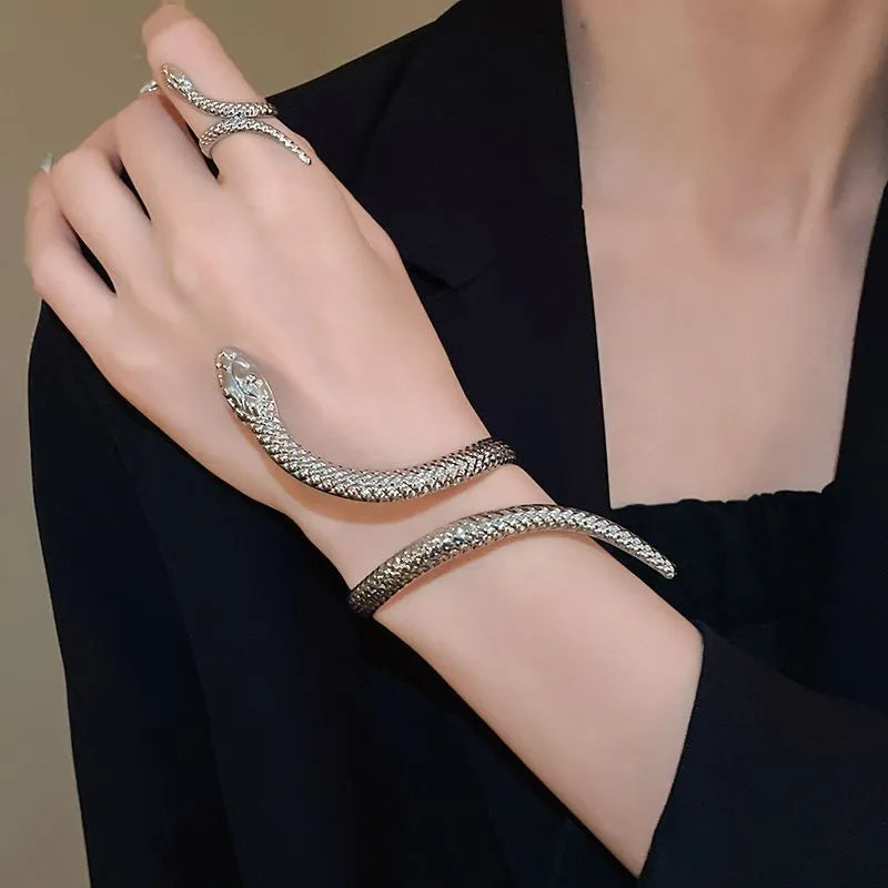 Gold snake design bracelet and ring set with exaggerated twisted winding metal jewellery
