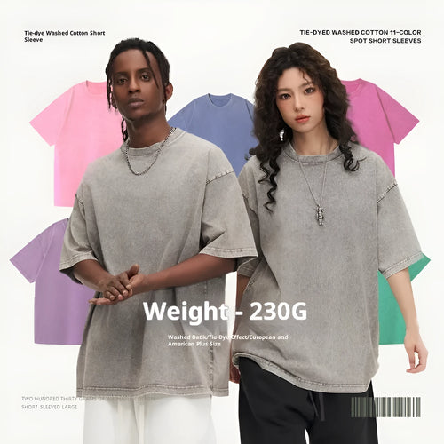 230g American style loose distressed retro washed men's solid colour short sleeve pure cotton t-shirt in blue