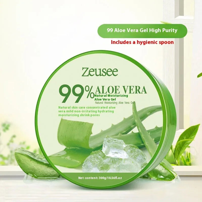 Jar of 98% aloe vera gel 300g with a measuring spoon for acne control and hydration