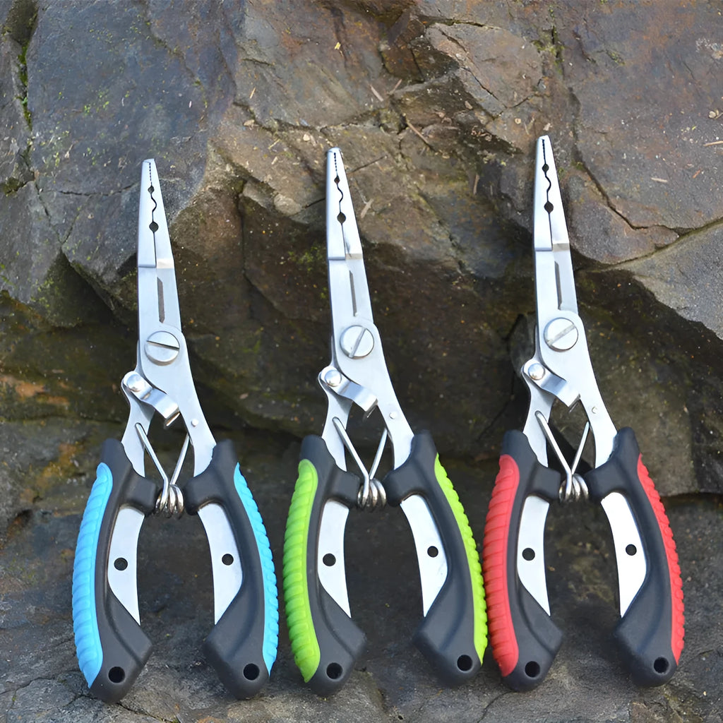 PE39 medium straight mouth fishing pliers with hook, showing SS420 steel construction and coloured ABS plastic handle.