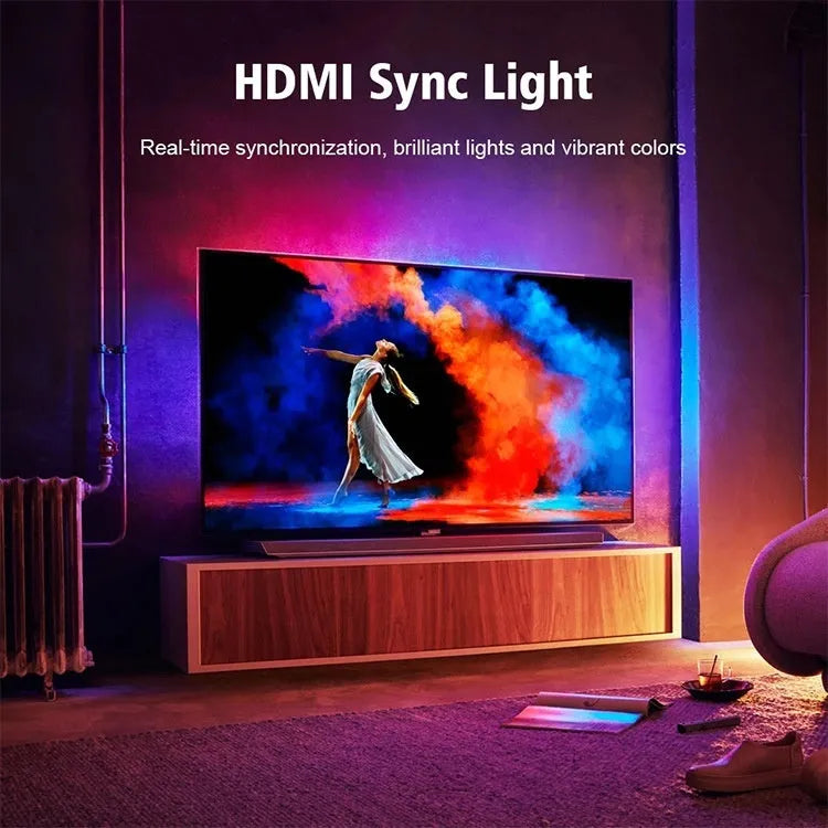 App-controlled TV ambience LED light strip for screen sync colour graffiti effects