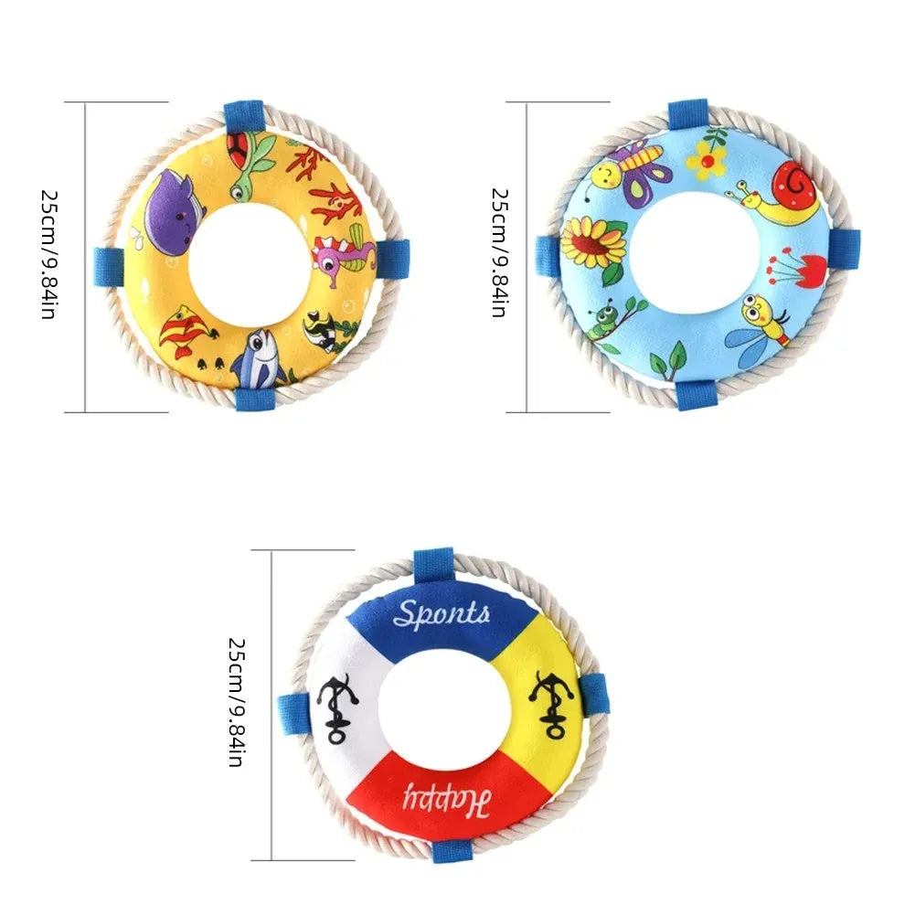 25cm diameter plush dog pull ring toy in yellow fish pattern with squeaker for fetch games