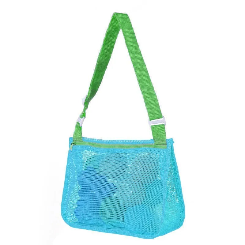 Blue nylon mesh travel storage organiser bag for children's toys and clothing, sealed, measuring 20x25x8cm.