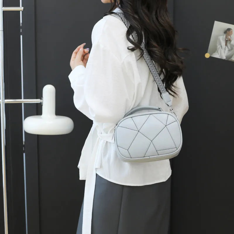 PU leather round small bag with three-layer retro patchwork design in 20x15cm size