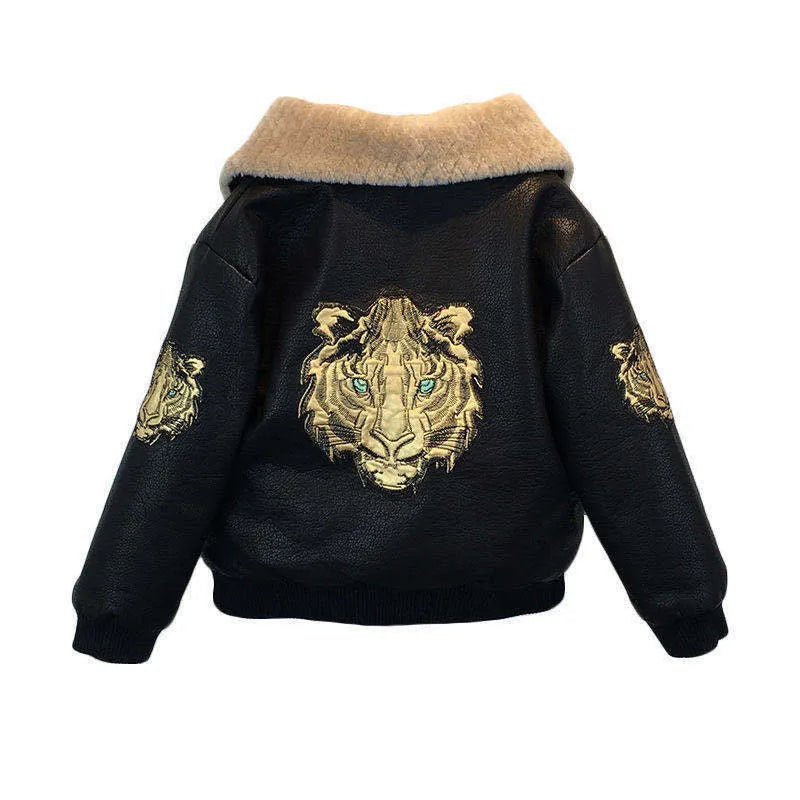 Black PU leather long-sleeved plus velvet jacket for boys with lapel collar and zipper closure, flat lay view