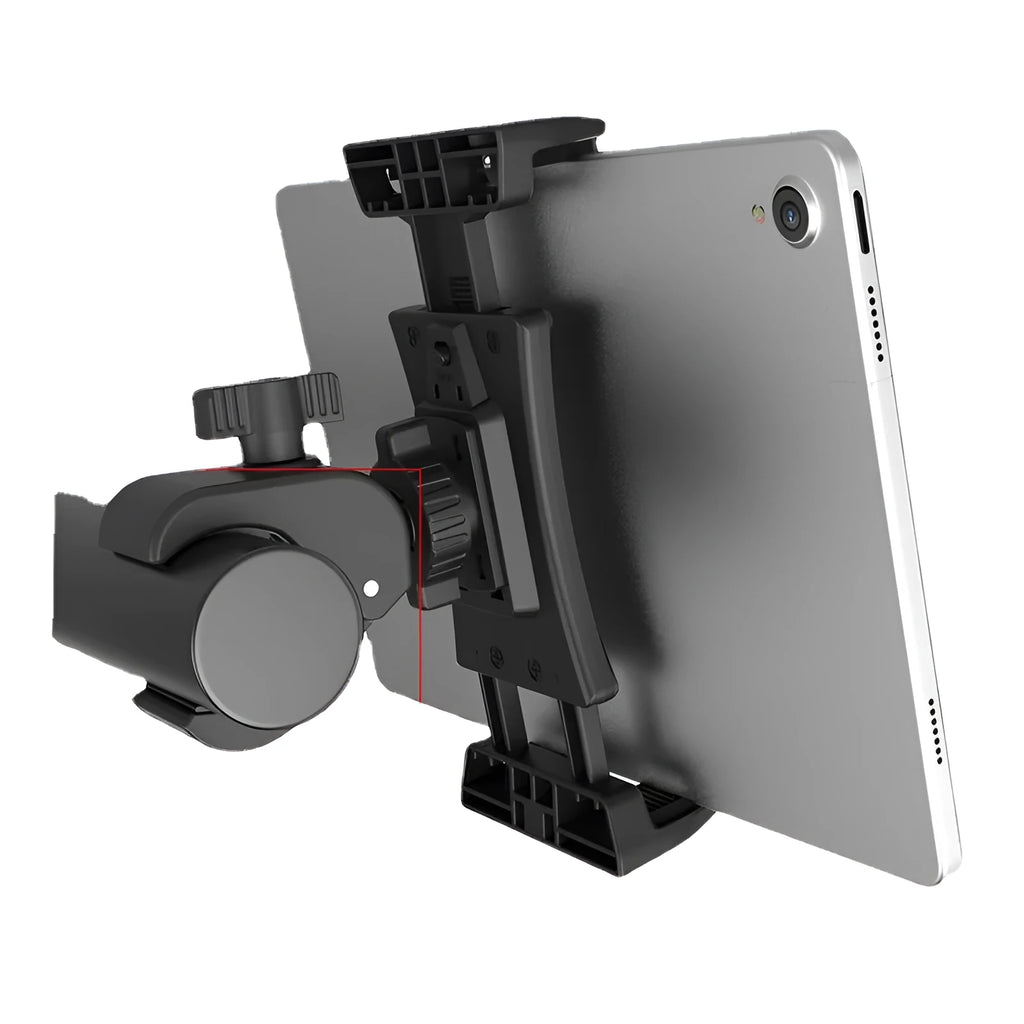 Black ABS plastic bicycle handlebar mount holding a mobile phone and a tablet computer.