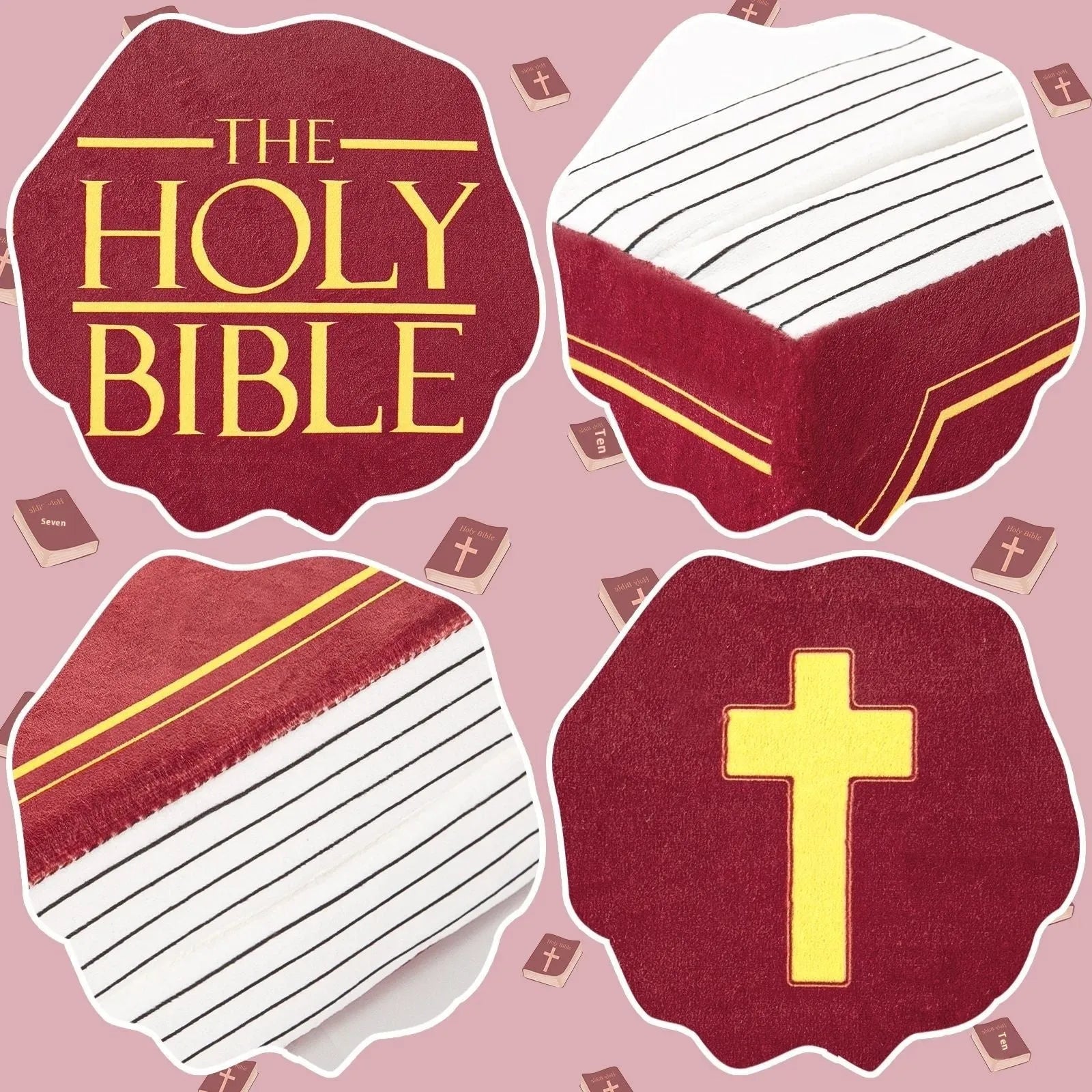 Purple plush Bible doll decorative cushion with memory foam filling on a sofa