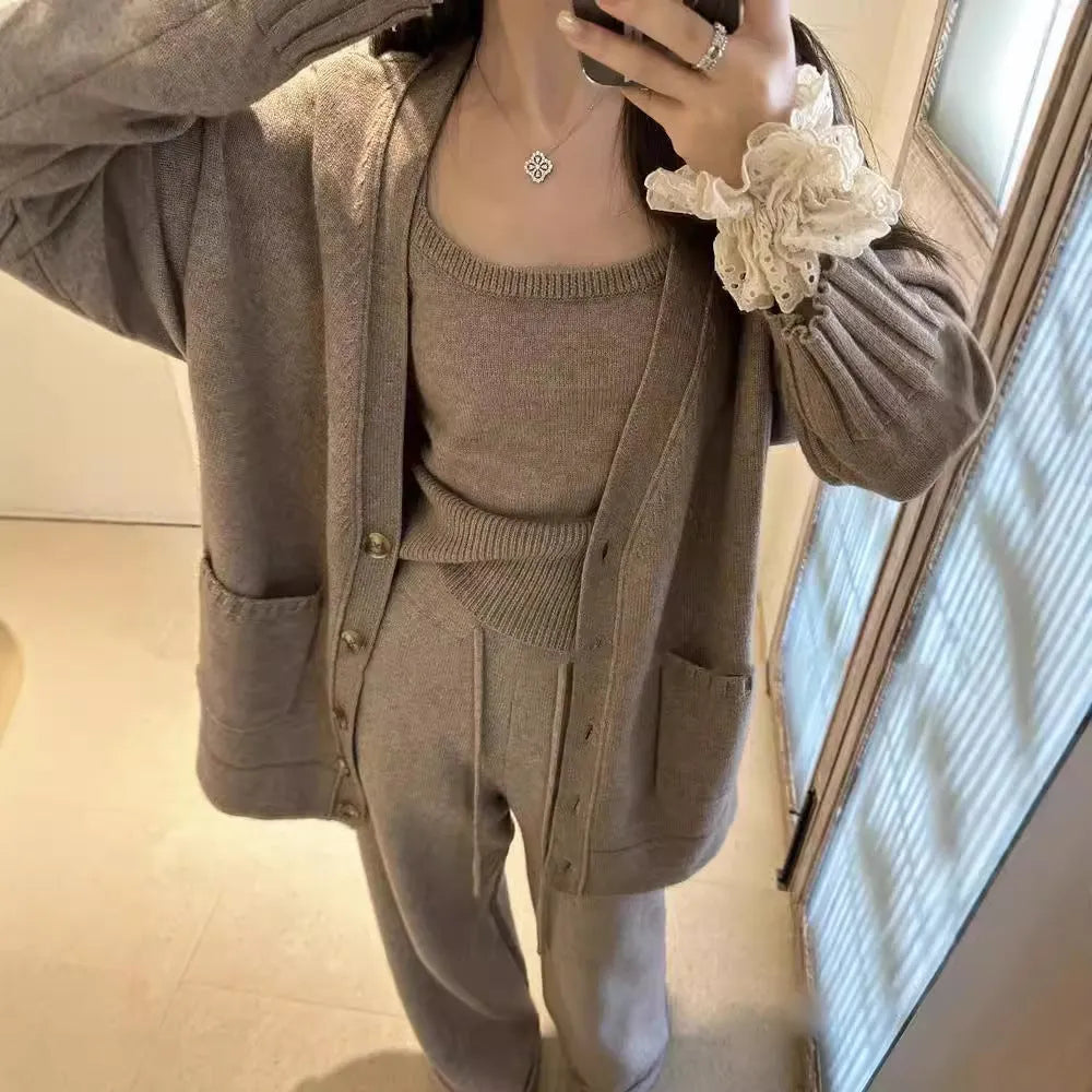 Women's wool blend three-piece cardigan set with vest and casual pants in beige colour