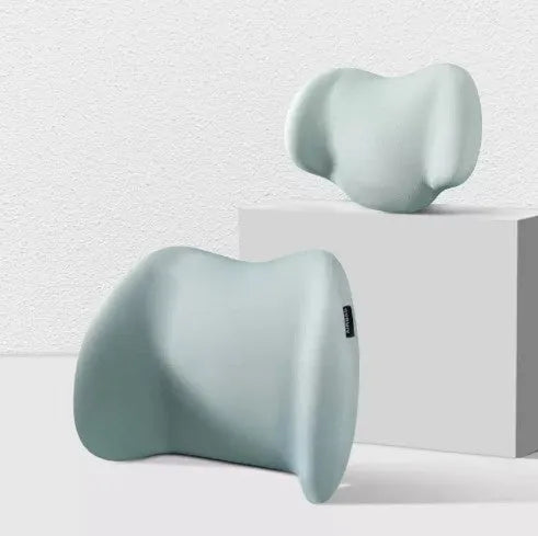 Car headrest neck pillow and lumbar cushion set with memory cotton filling in multiple colours