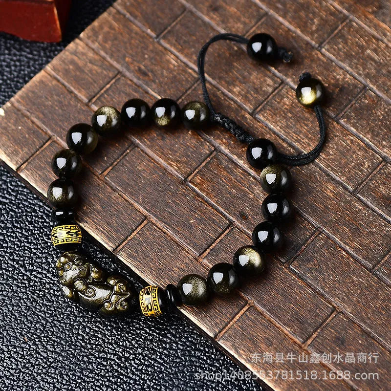 Natural golden obsidian Pi Xiu bracelet with hand-woven cord, showing four bead size options