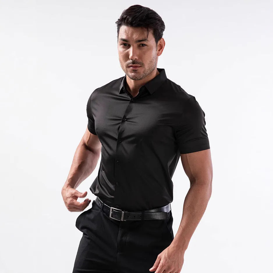 Men's short sleeve elastic shirt in anti-wrinkle fabric available in eight colours including black, white and blue