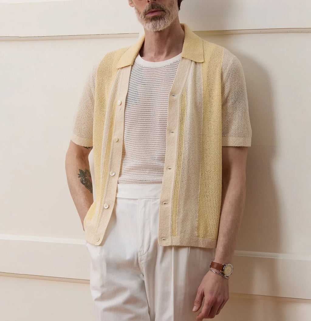 Yellow casual polo shirt with hollow-out asymmetric design and short sleeves in Tencel fabric