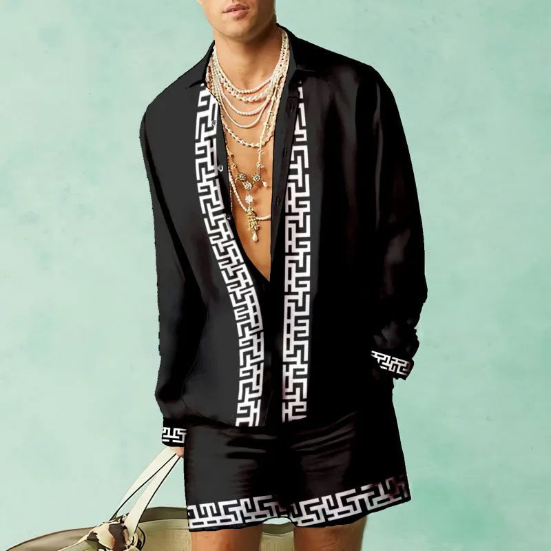 Casual slim-fit long sleeve shirt and matching shorts set for summer, available in various colours.
