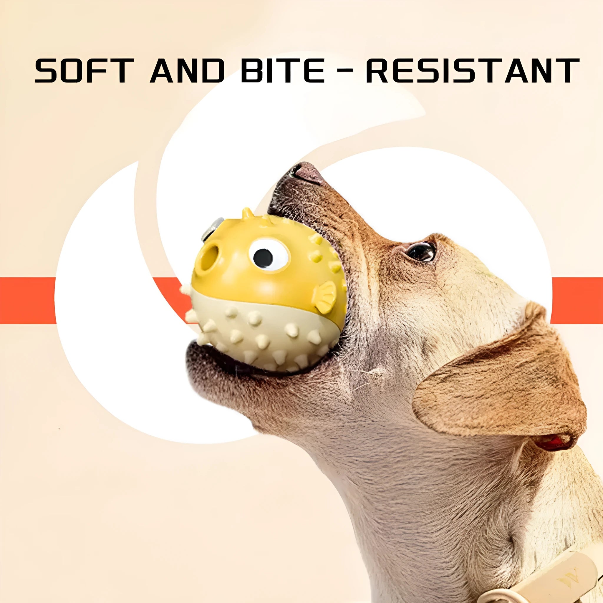 Yellow durable fish-shaped vinyl dog chew toy with textured surface and squeaker.