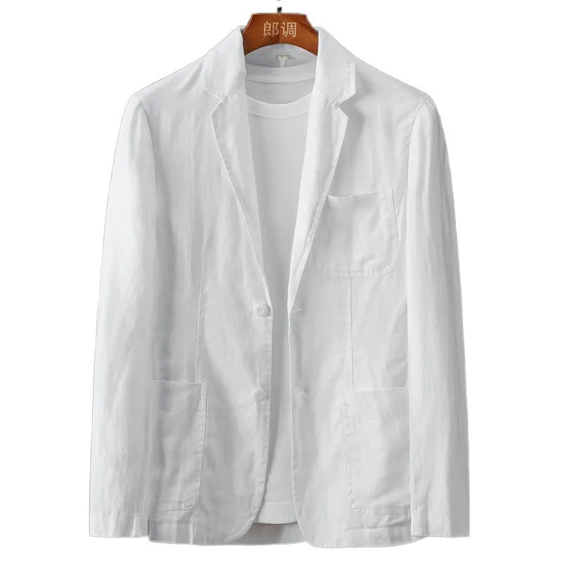 Men's slim fit linen-style coat in a solid colour with nine-point sleeves