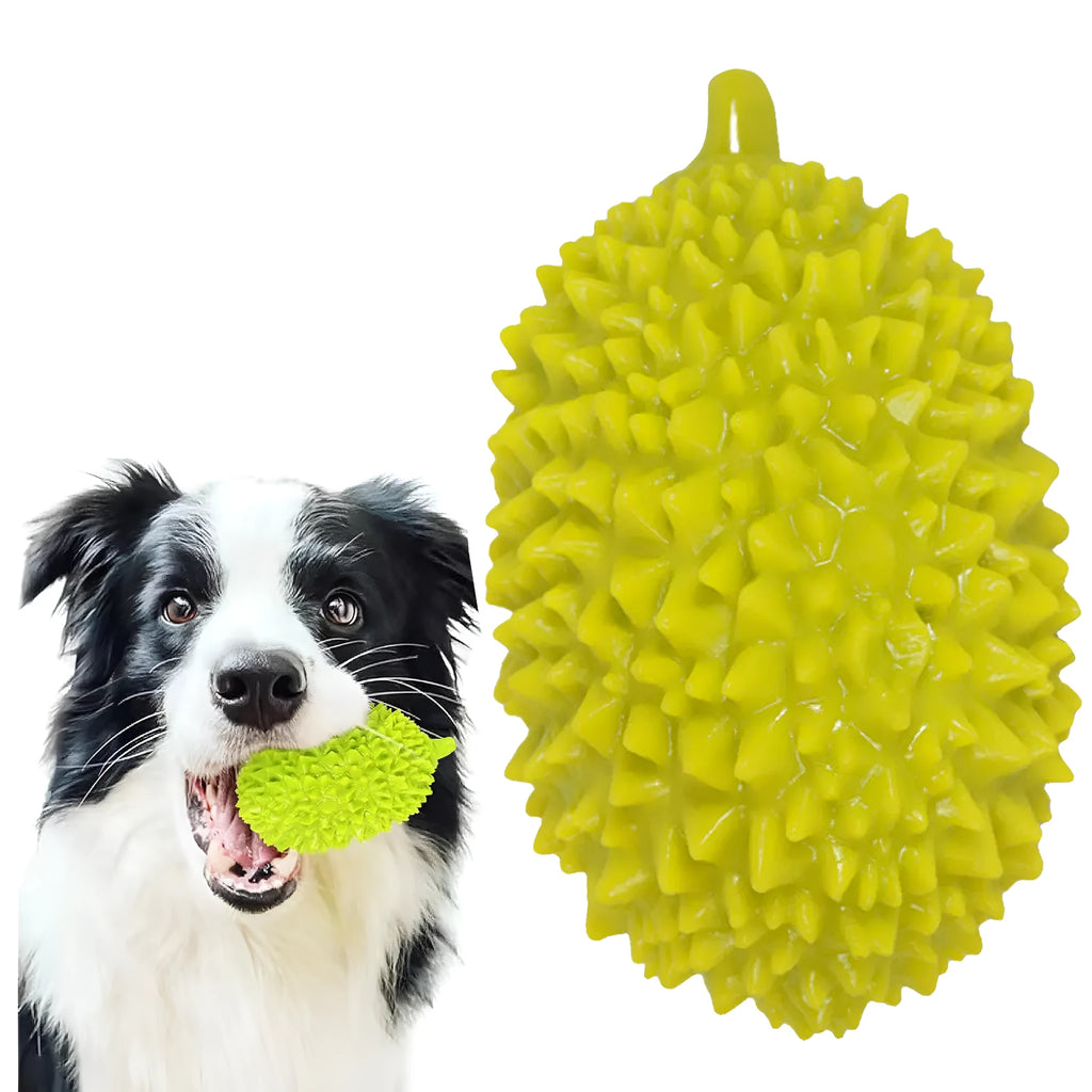 Beige, green, and yellow durian-shaped dog chew toy with raised bristles for teeth cleaning.