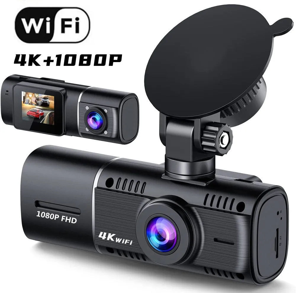 Black car dashcam on stand with 1.5-inch screen for front and rear recording.