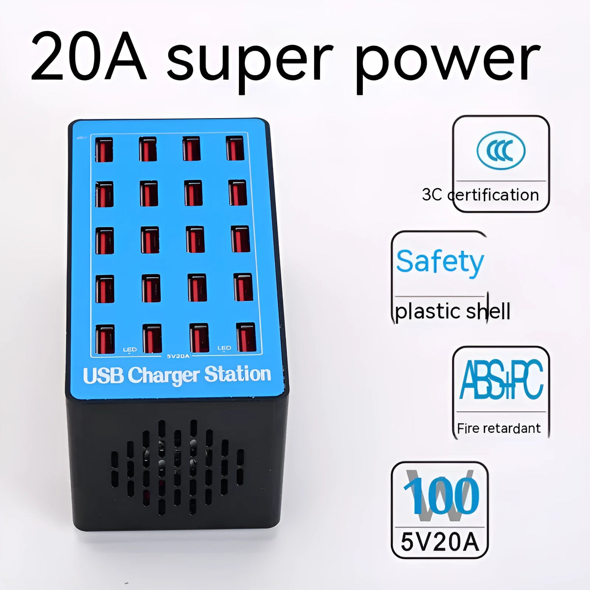Blue A5 20-port USB charging station with multiple plug options and PC ABS fire retardant casing