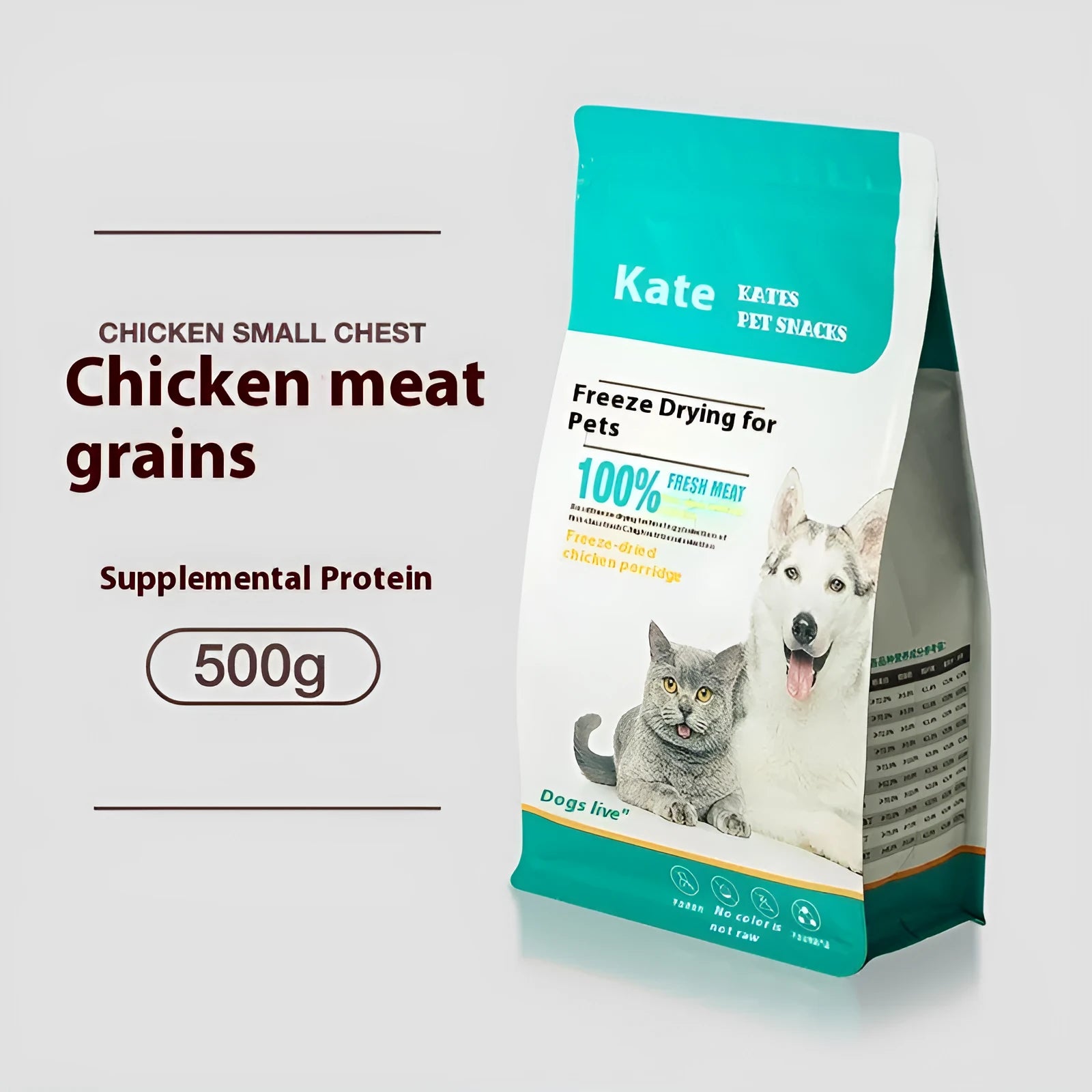 500g freeze-dried chicken cat snacks in resealable bag or barrel packaging
