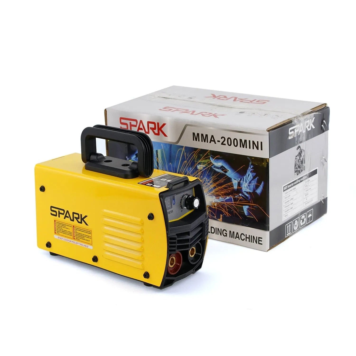 MMA-200MIN 220V DC inverter welding machine with face shield, tongs, clamp, and brush.