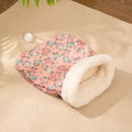 Cotton flannel cat sleeping bag nest in pink Trojan design, measuring 50cm by 40cm.