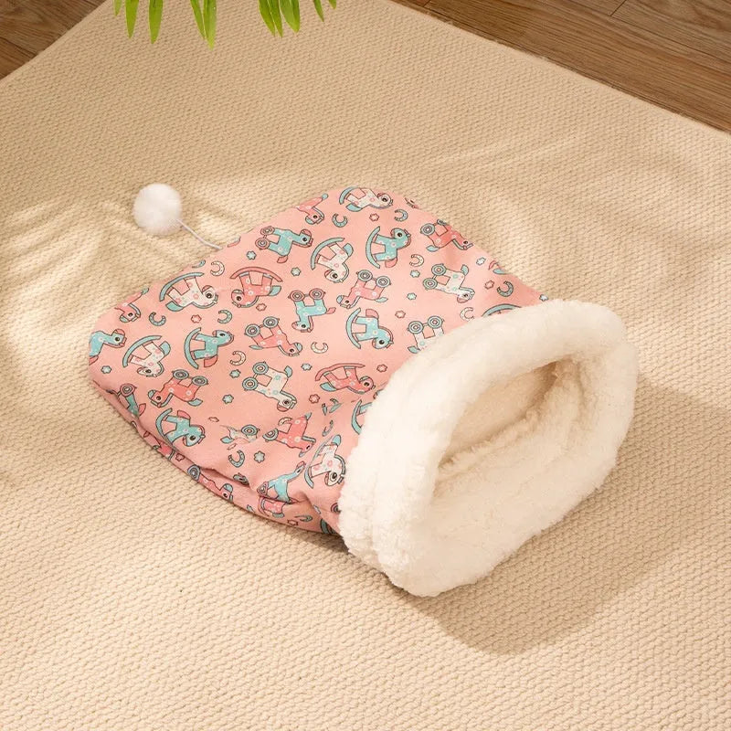 Cotton flannel cat sleeping bag nest in pink Trojan design, measuring 50cm by 40cm.