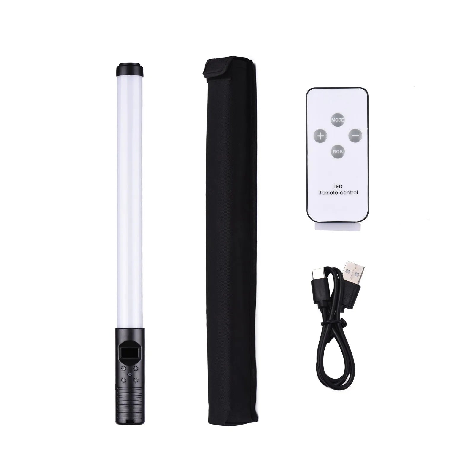 Handheld LED photography light stick showing adjustable colour temperature and a 1/4 inch tripod mount thread.