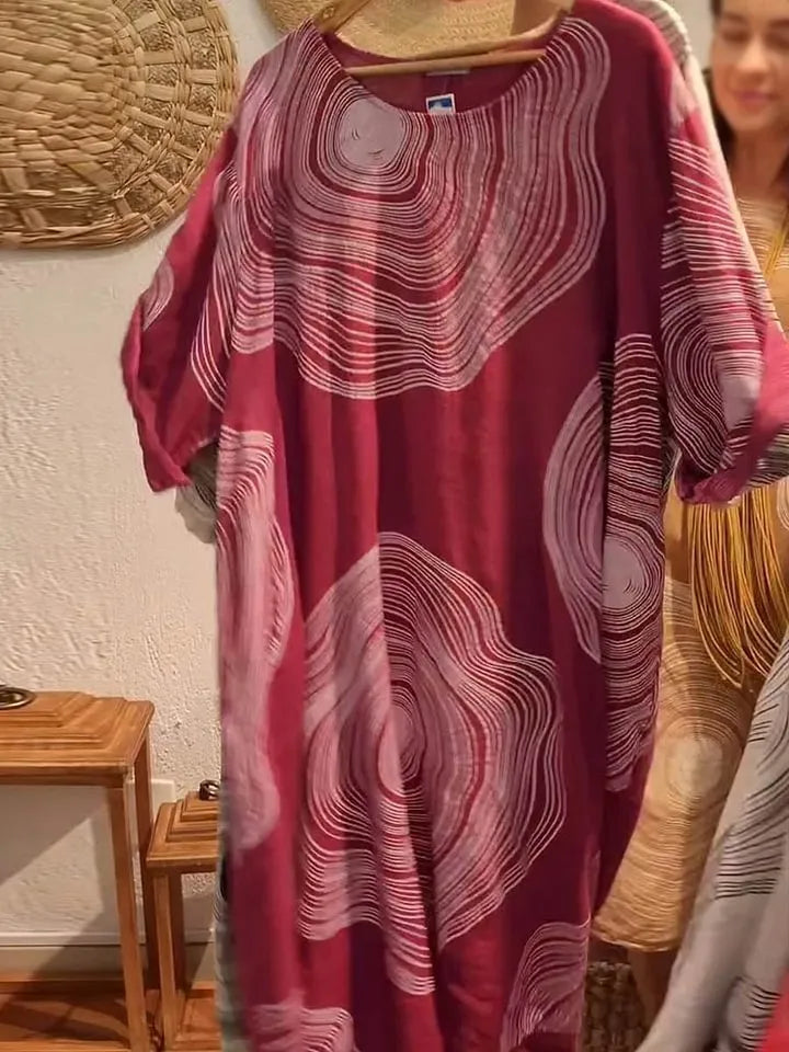 Women's round neck abstract print sleeve dress with 3D effect, A-line skirt, red colour, street fashion style