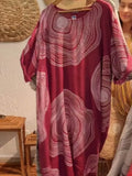 Women's round neck abstract print sleeve dress with 3D effect, A-line skirt, red colour, street fashion style