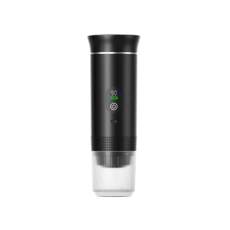 Black portable electric capsule coffee machine with LCD screen for use in cars and outdoor travel.