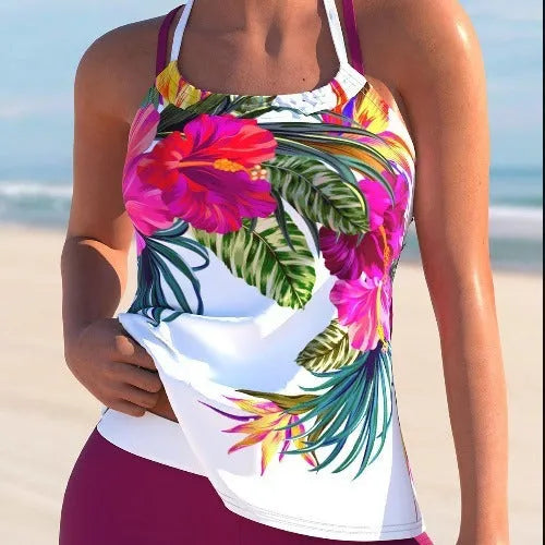 Large floral pattern women's swimsuit in purple-red colour with chest padding, two-piece design