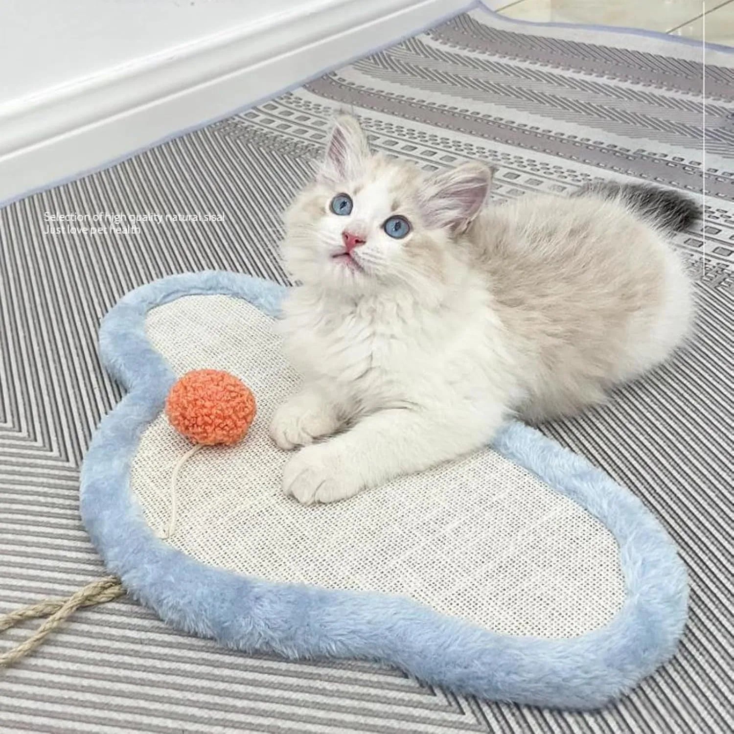 White cat scratching mat with sleeping cat pattern hanging on wall