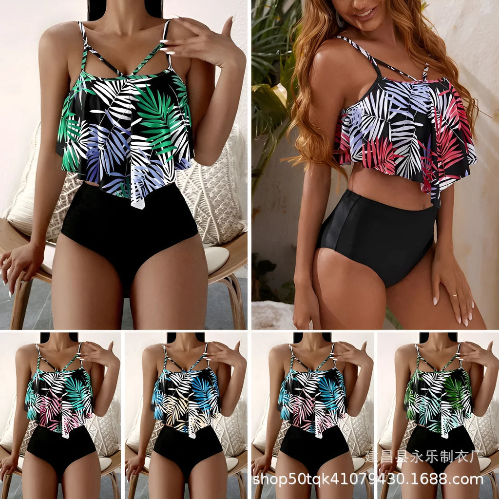 Women's white floral high-waist bikini with flounced detail on mannequin