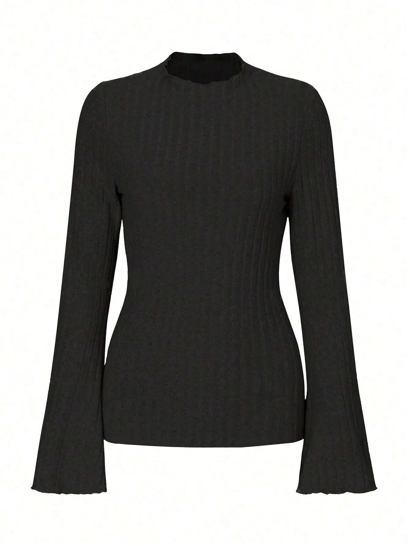 A man's black long sleeve top with a round neck and relaxed lantern sleeves in a slim fit.