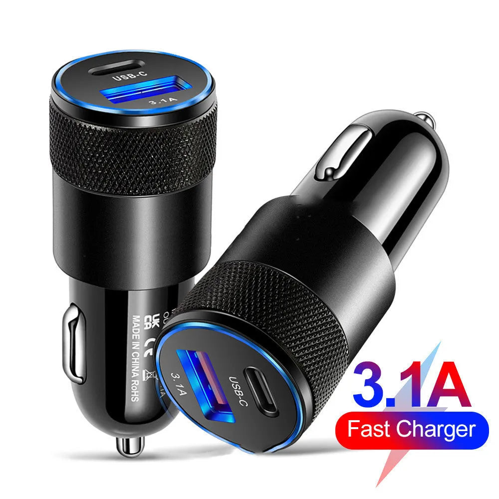 Aluminium alloy car phone charger with 12V input and compact 2.5 by 6cm dimensions