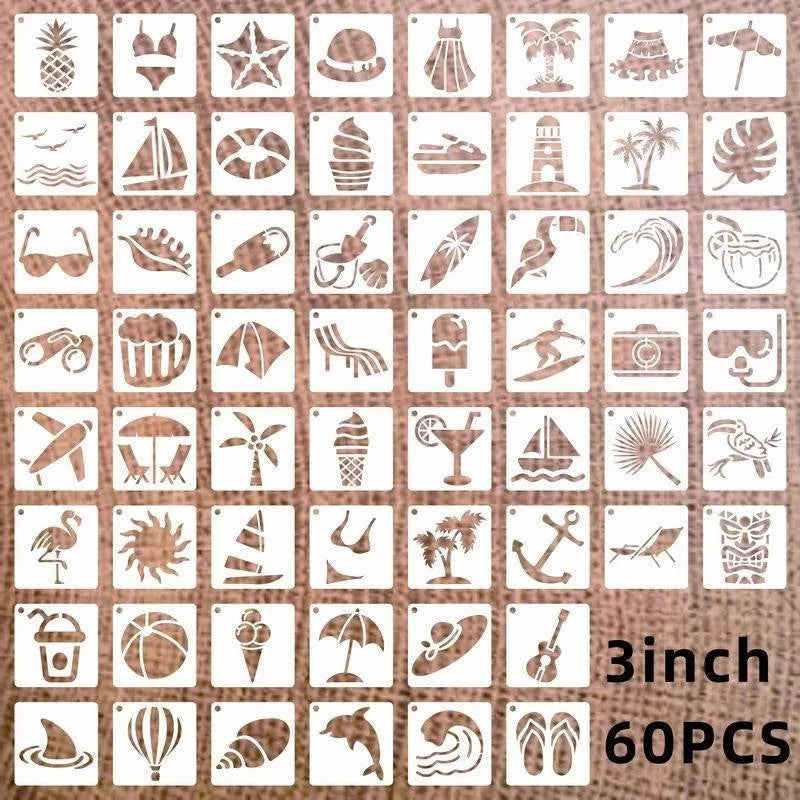 Milky white PET film spray painting stencils showing 2-inch flower, animal, letter, and leaf hollow designs.