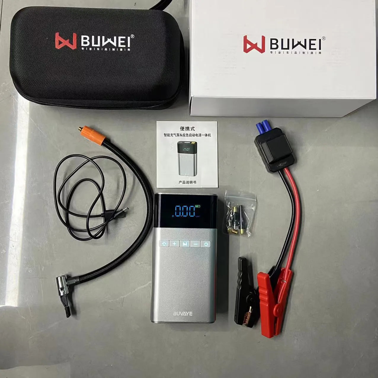 Aluminium alloy car jump starter power bank with EVA case, battery clips, and air nozzle