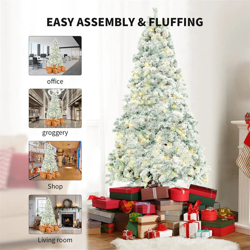 Green and white PVC artificial snow Christmas tree with metal stand, shown at 180cm and 230cm heights.