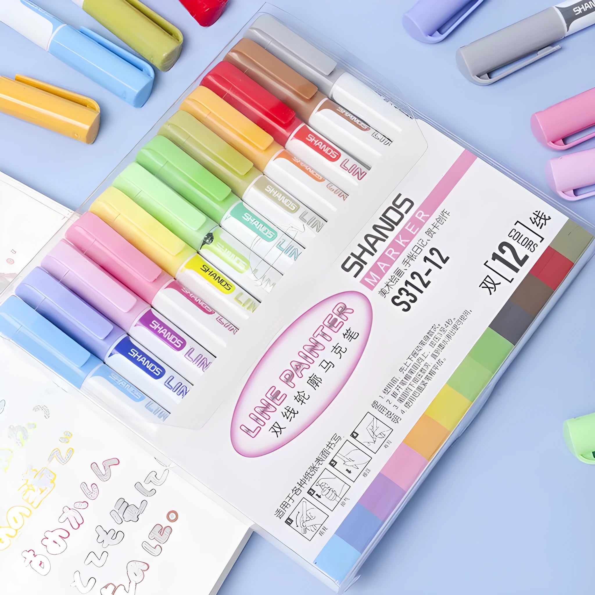 Set of acrylic paint marker pens for DIY on fabric, metal, glass, wood, and plastic surfaces.
