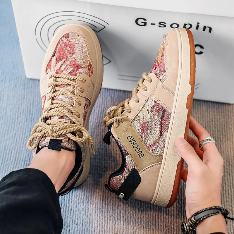 Men's low top lace-up sneakers with oil painting colour block pattern, PU upper, rubber sole, flat heel