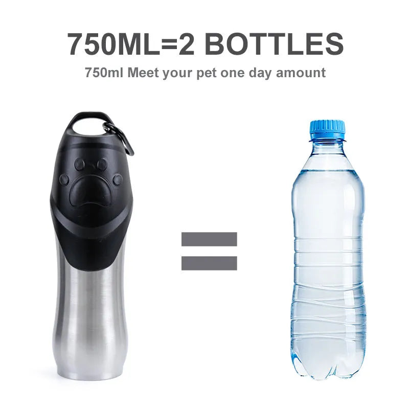 Stainless steel pet water bottle in 750ml size, natural steel finish, portable for dogs and cats