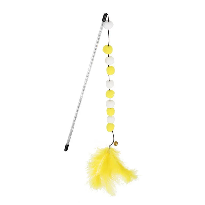 A blue acrylic cat teaser wand with pompon feathers and a bell, shown next to a grey and yellow version.