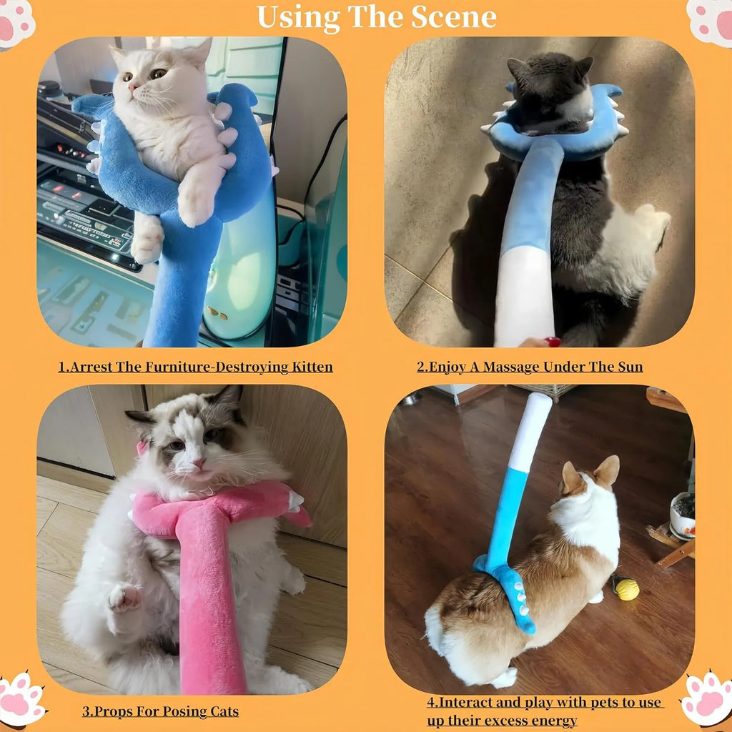 Blue plush cat wand toy with foam-filled front section, 70cm length