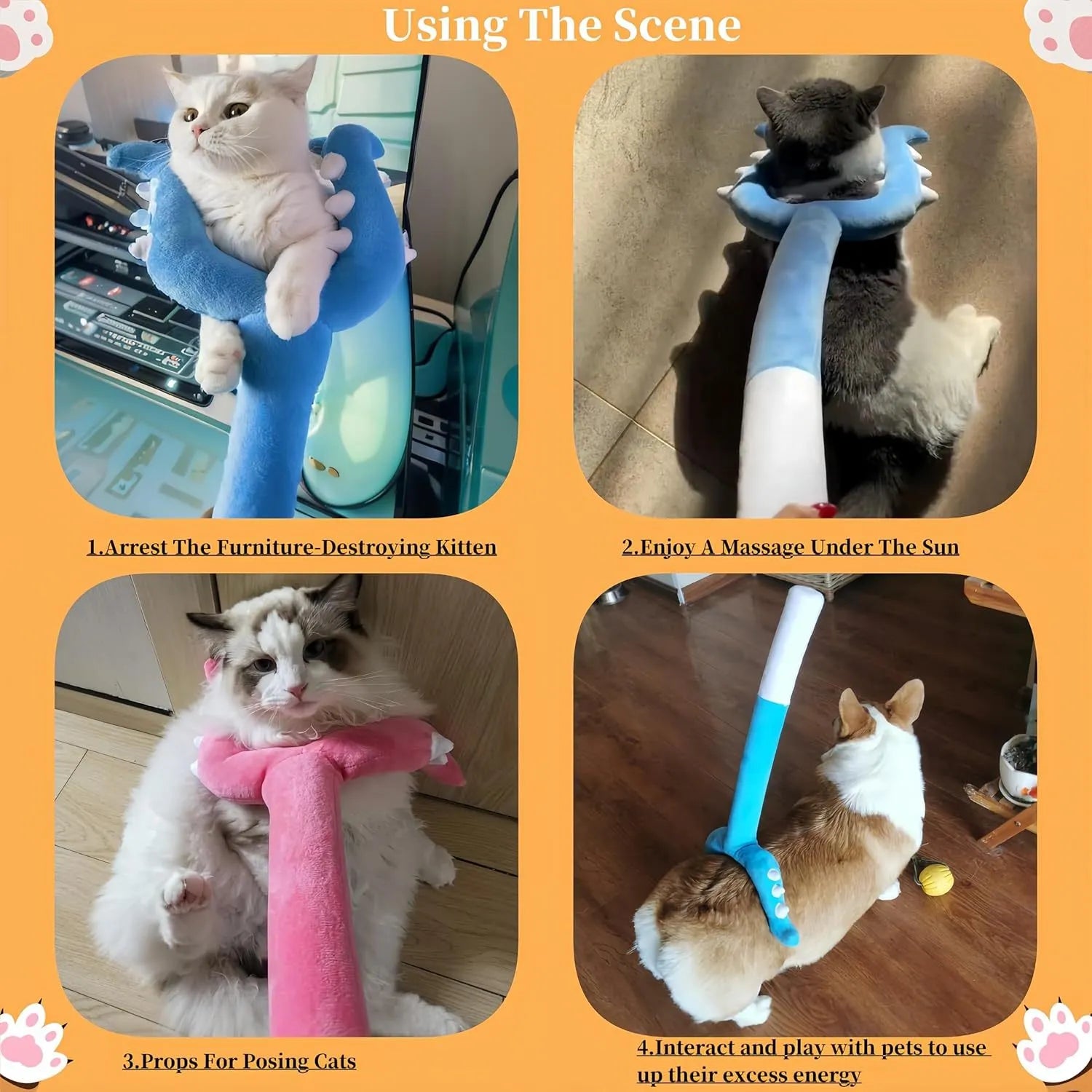 Blue plush cat wand toy with foam-filled front section, 70cm length