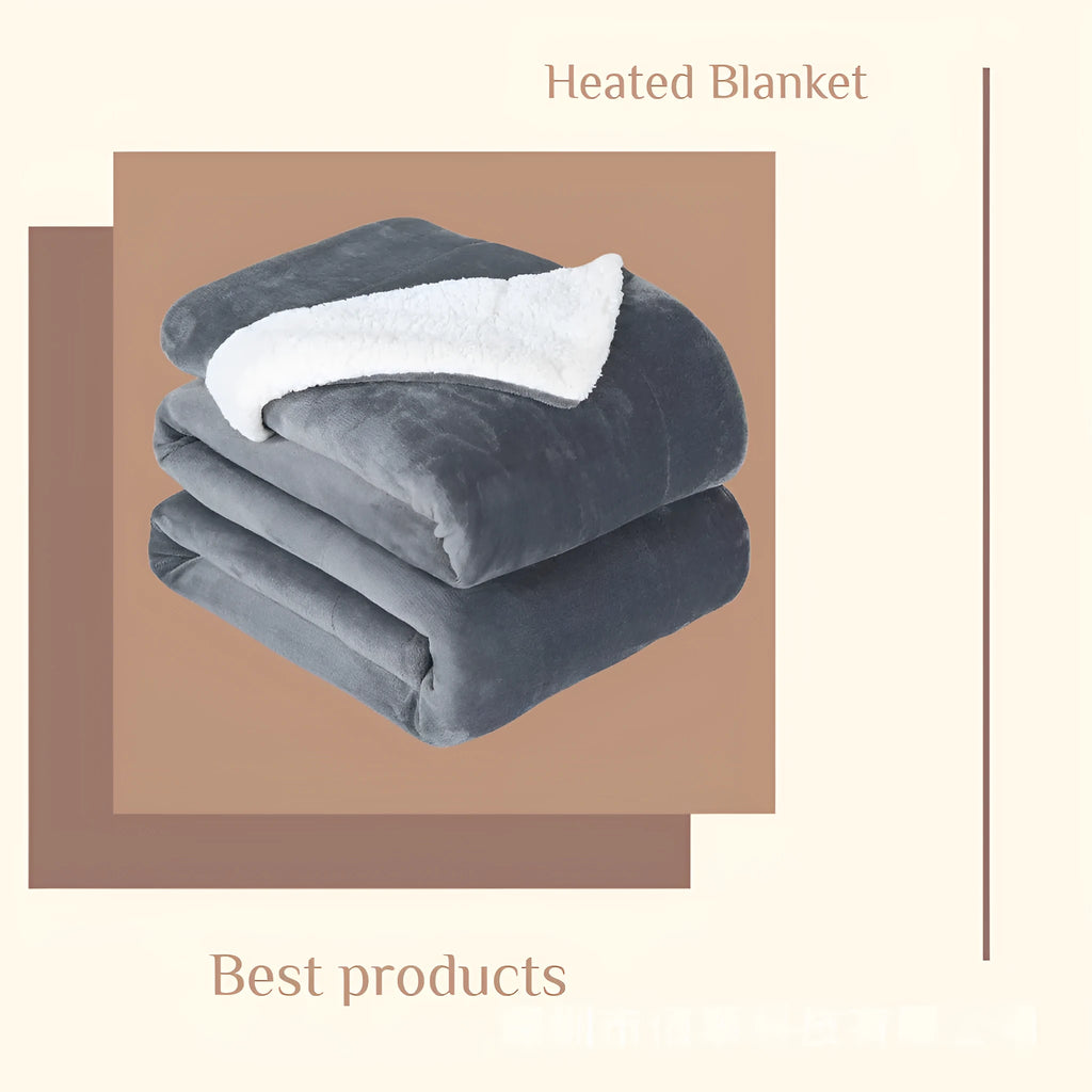 Grey USB electric heating blanket with temperature controls on soft flannel fabric.