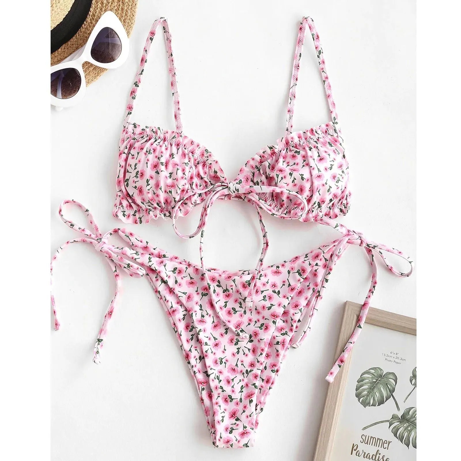 Women's printed bikini swimsuit with rope detailing in blue colour option