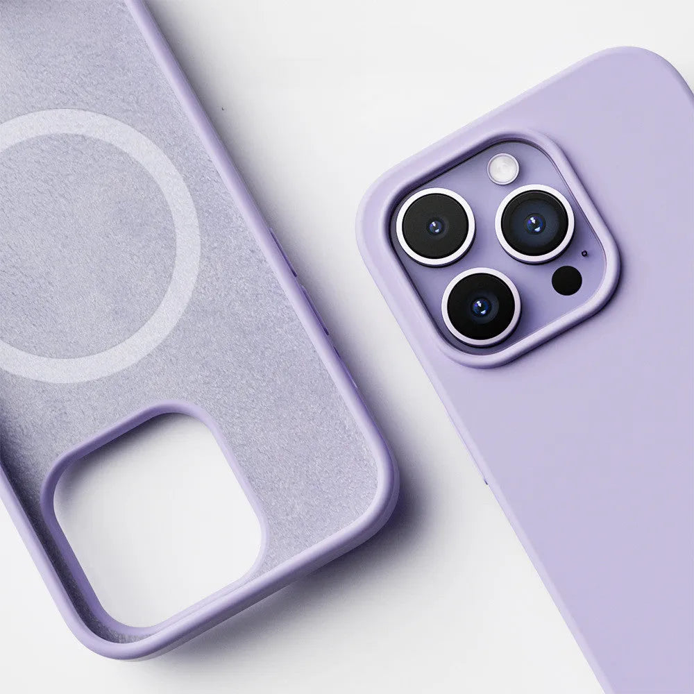 Liquid silicone magnetic phone case for iPhone 14 with Magsafe drop-proof protection in light blue colour