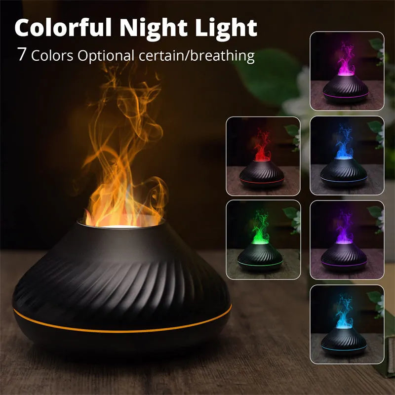 Beige aromatherapy diffuser with LED flame effect lighting and mist output